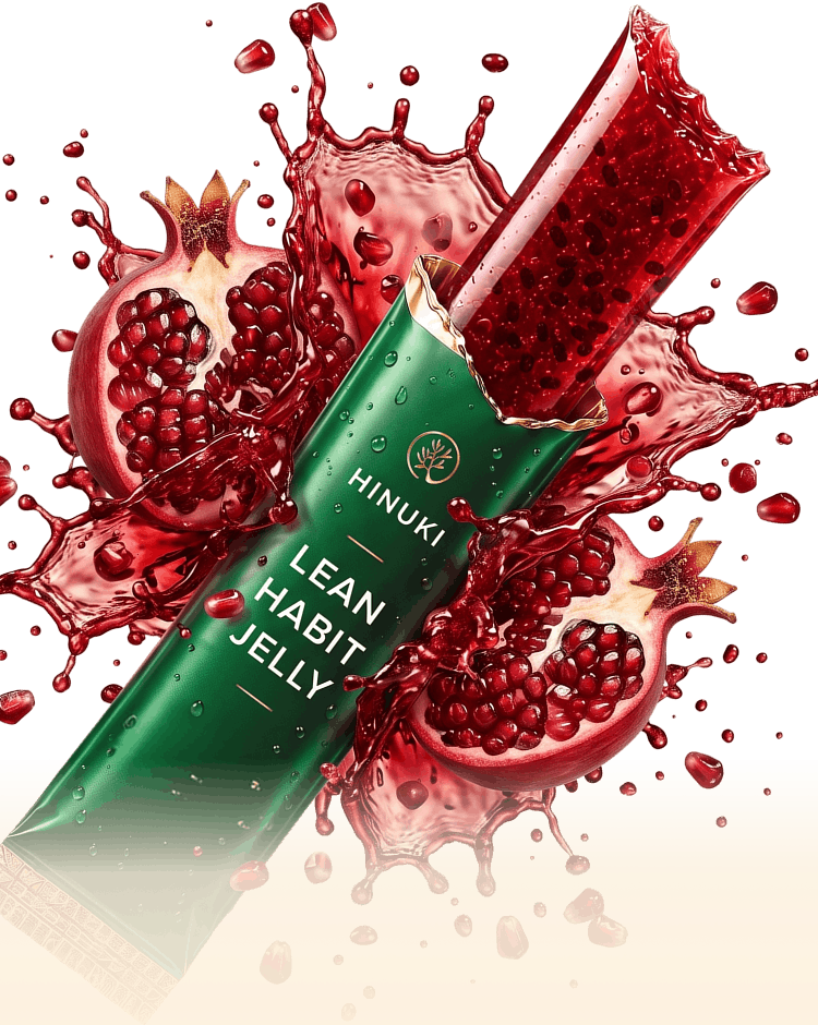 Hinuki Jelly Sticks pomegranate jelly stick in a sunlit field with pomegranate and chia seeds
